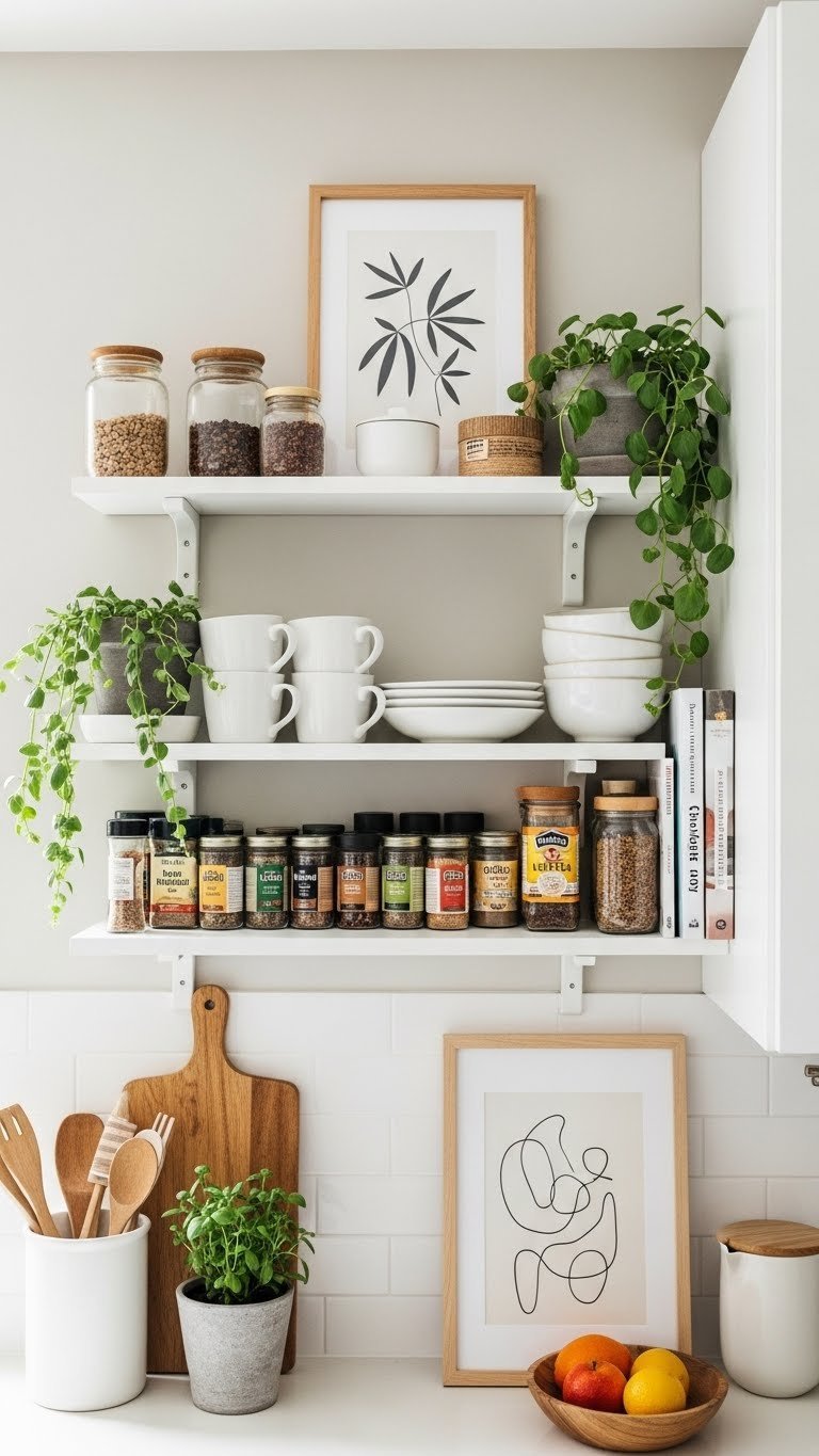Small apartment kitchen with floating shelves organized with spices, mugs, and plants in warm cream and wood tones