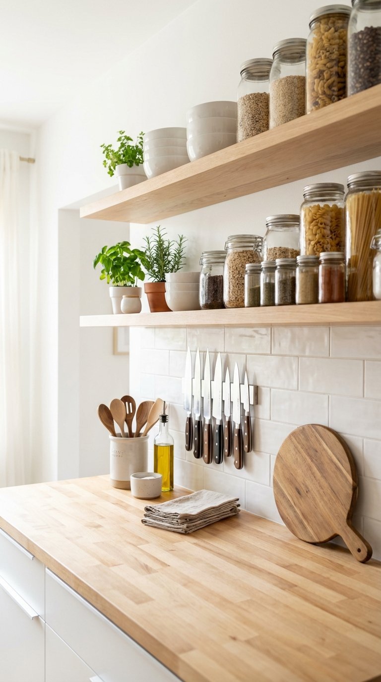 Small apartment kitchen with vertical open shelving storage featuring magnetic knife strip and organized containers on butcher block countertop