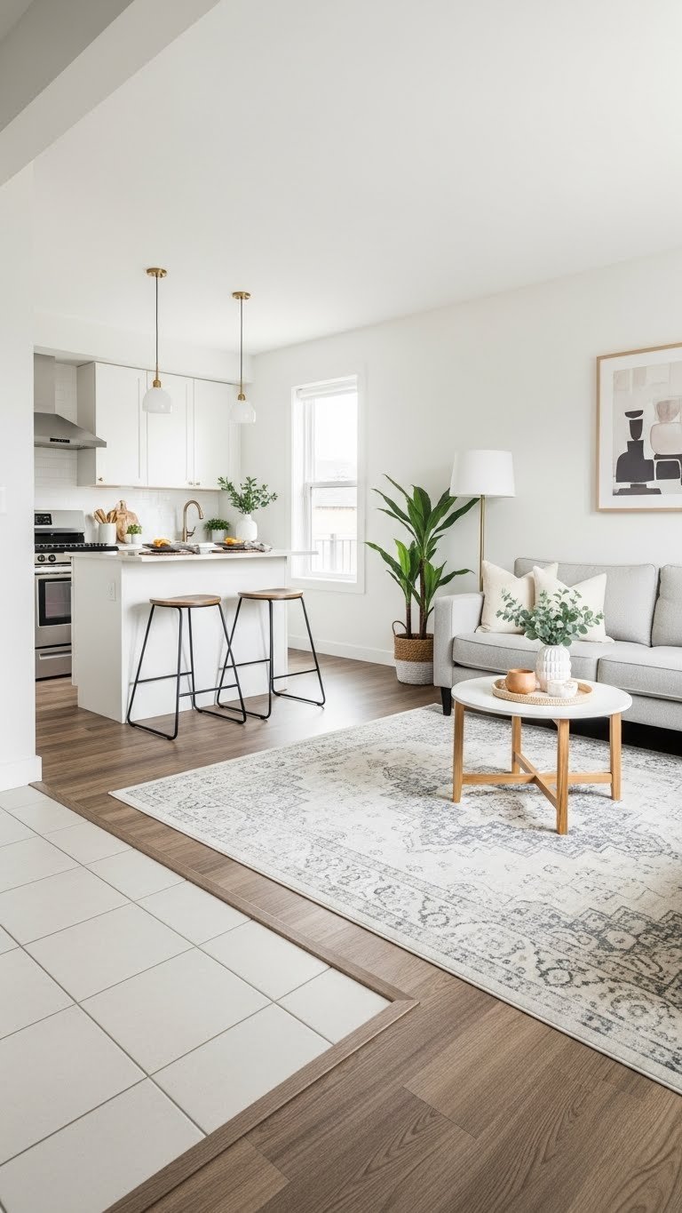 Small apartment open kitchen living room with patterned rug defining living area and kitchen flooring transition in warm cream and wood tones