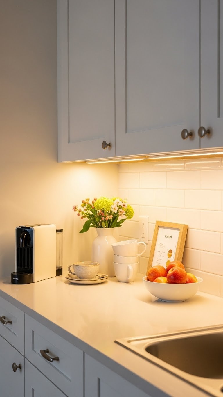 Small kitchen counter illuminated by warm under-cabinet LED lighting highlighting coffee maker setup