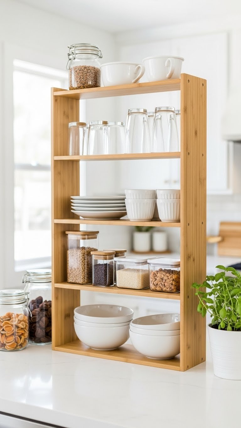 Small kitchen organized with clear acrylic stackable shelves holding neatly arranged dishes and glass jars on white minimalist countertop