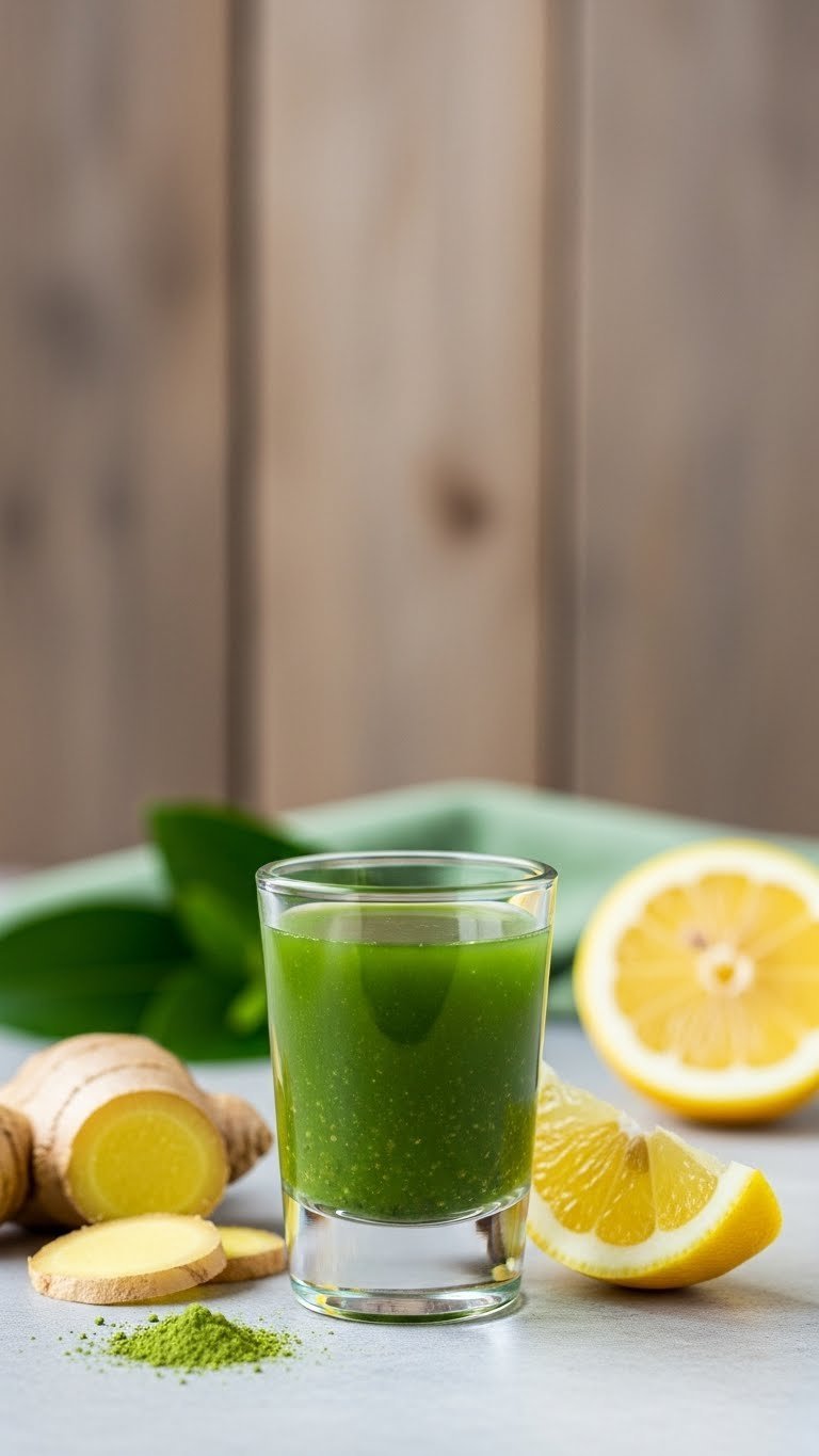Small matcha ginger immune boost shot glass with fresh ginger slice on natural stone surface