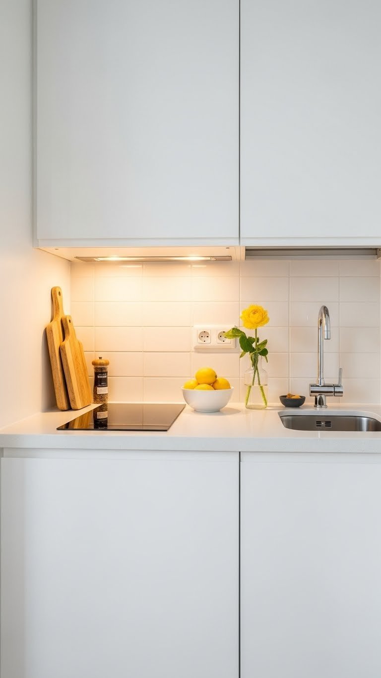 Small studio apartment kitchen with under-cabinet LED lighting illuminating white countertops and reflective surfaces