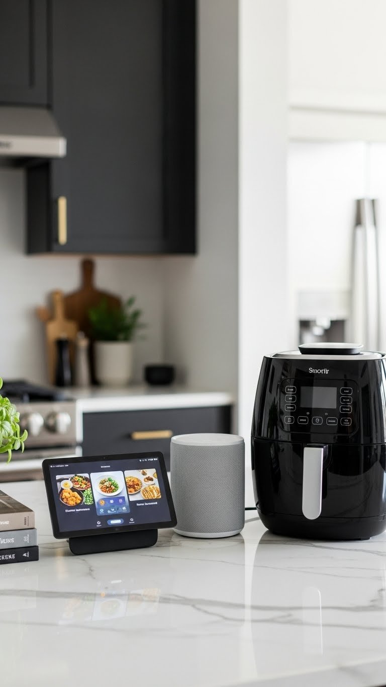 Smart home kitchen gadgets integrated on marble countertop with modern stainless steel appliances background.