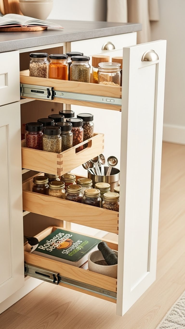 Smart spice organization system in Indian apartment kitchen with colorful spices in uniform jars on pull-out rack