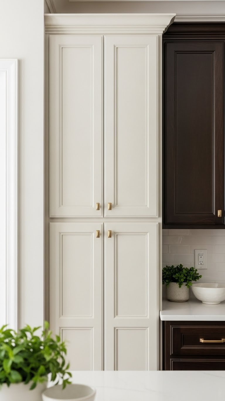 Soft creamy off-white painted wall creating striking contrast with adjacent dark wood kitchen cabinets