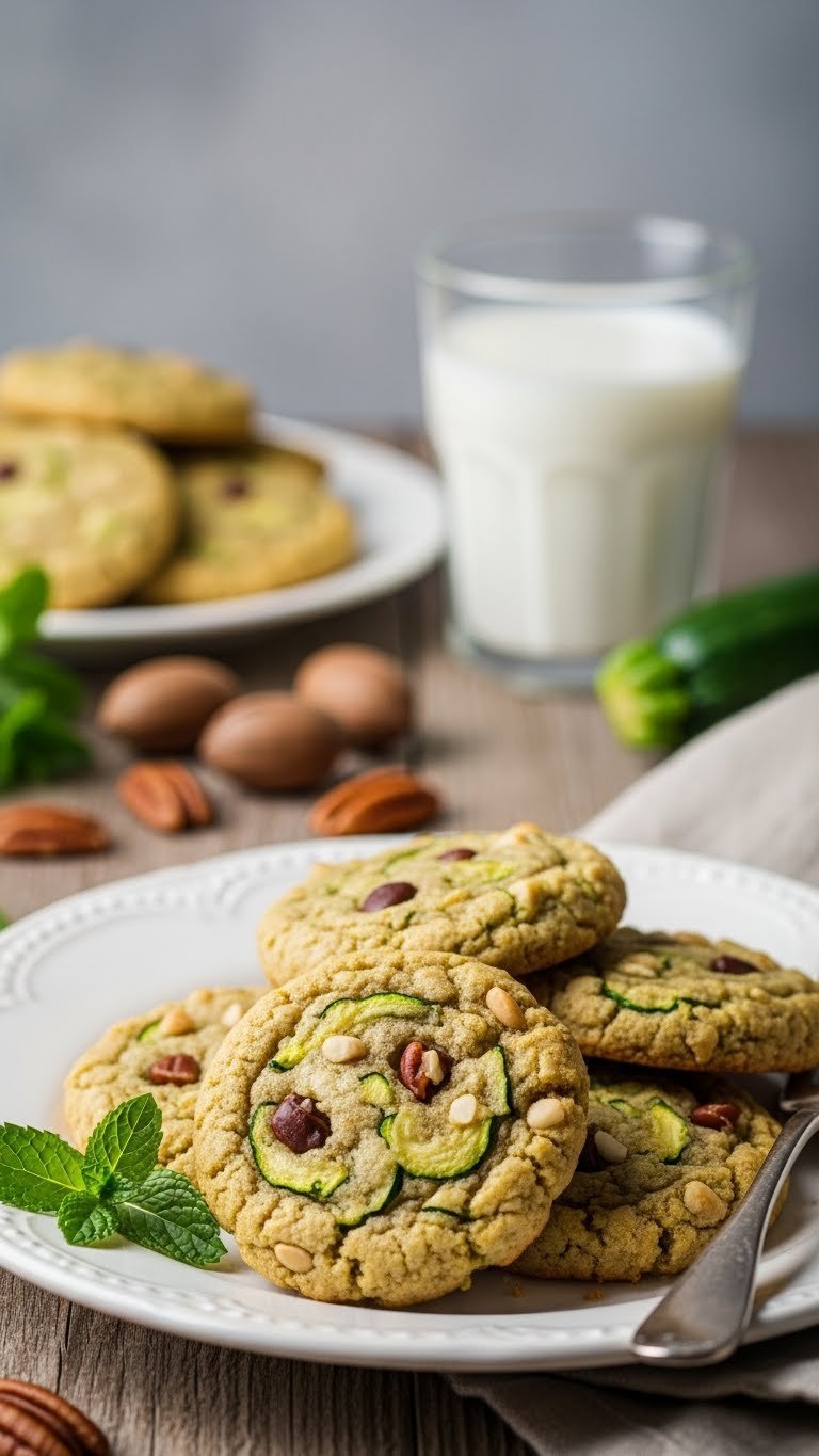 Soft keto zucchini cookies with chocolate chips on vintage ceramic plate with pecans and mint