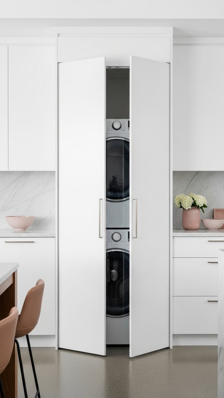 Sophisticated apartment kitchen with laundry closet hidden behind elegant bi-fold doors matching cabinetry