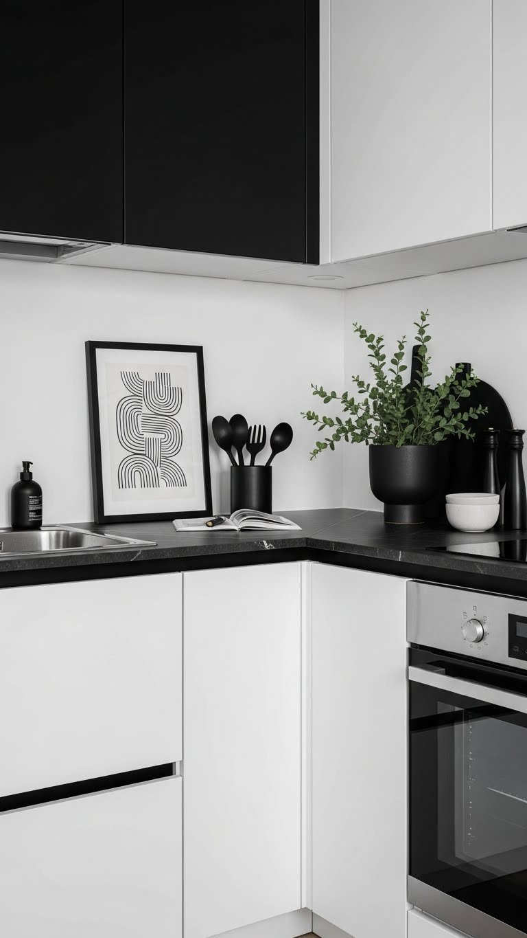 Sophisticated apartment kitchen with white appliances set against dramatic black cabinets and dark accent walls