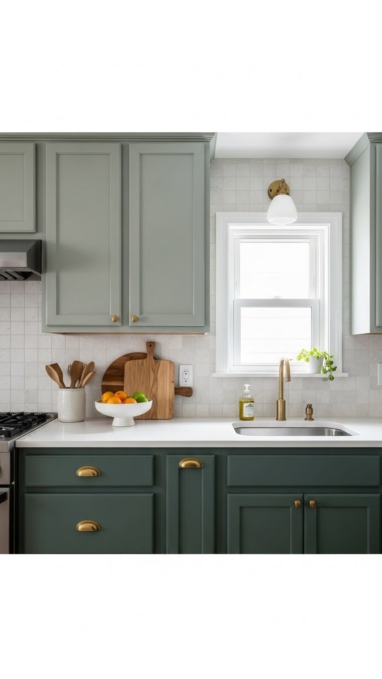 Sophisticated two-tone green kitchen featuring contrasting sage and forest green cabinets with white countertops