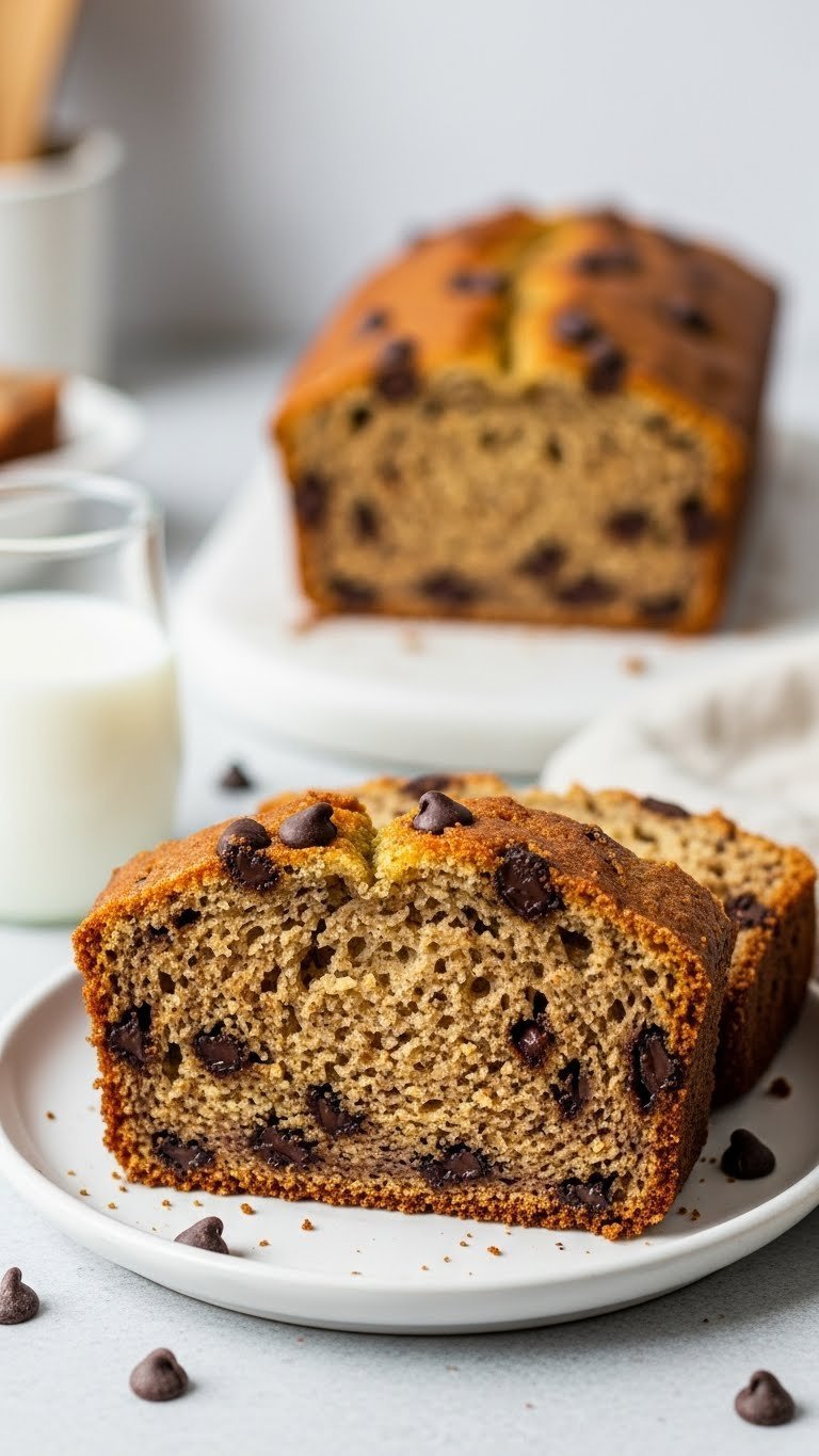 Sourdough zucchini bread slice with melted dark chocolate chips on white ceramic plate with glass of milk in soft golden hour light.