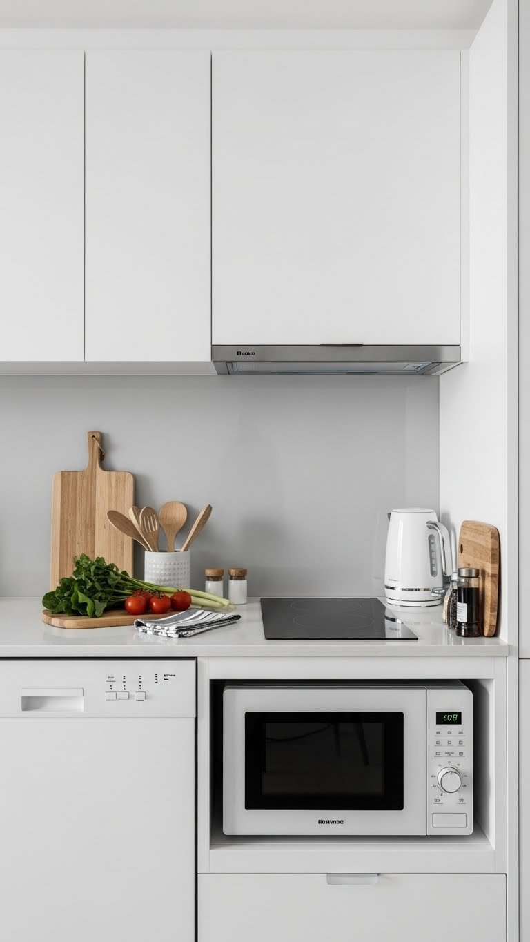 Space-saving compact kitchen appliances seamlessly integrated into white quartz countertop in small studio kitchen