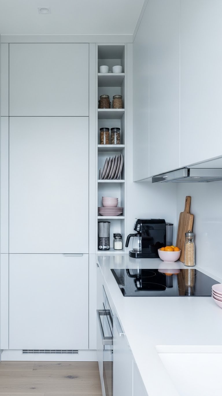 Space-saving galley kitchen with slim vertical storage, integrated appliances, and bright functional layout using wide-angle lens