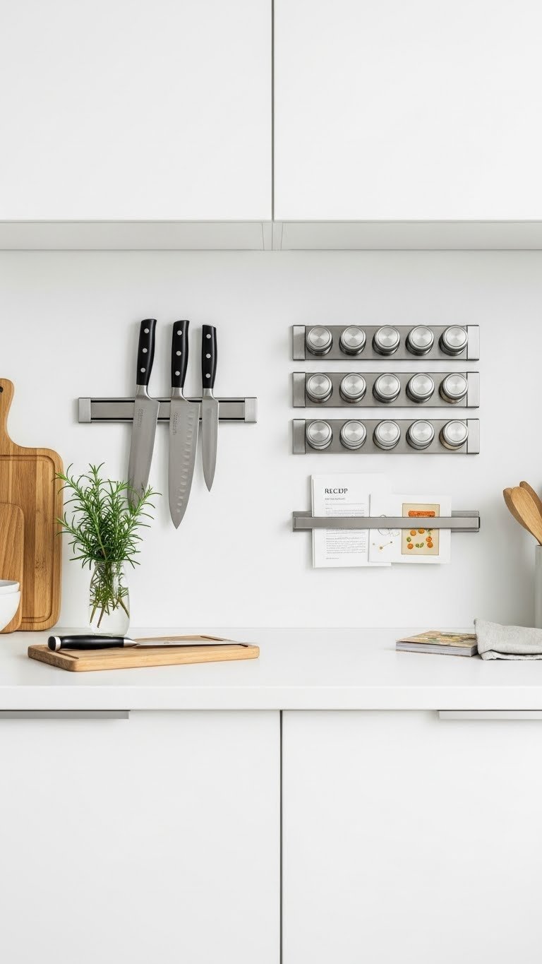 Space-saving magnetic knife strip and spice rack mounted on minimalist white kitchen wall for organized utensil storage