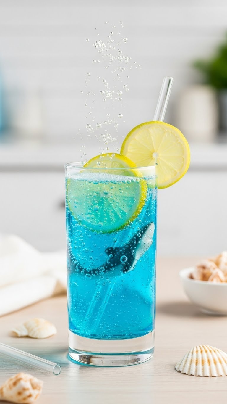 Sparkling blue ocean water mocktail with lemon slice and submerged gummy sharks in minimalist setting