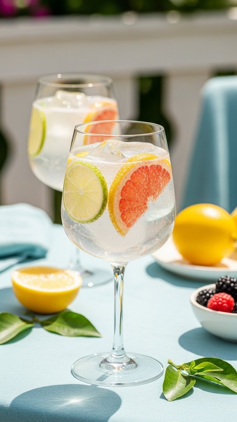 Sparkling citrus cocktail with fruit slices in wine glass on blue linen tablecloth