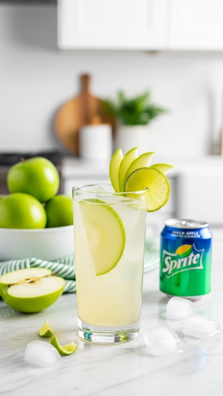Sparkling green apple Sprite refresher with thin apple slices and lime twist in elegant glass on marble surface