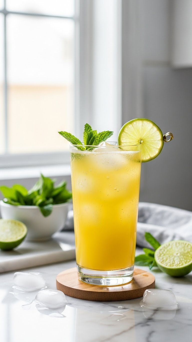 Sparkling mango mint refresher in tall glass with fresh mint sprig and lime wheel garnish