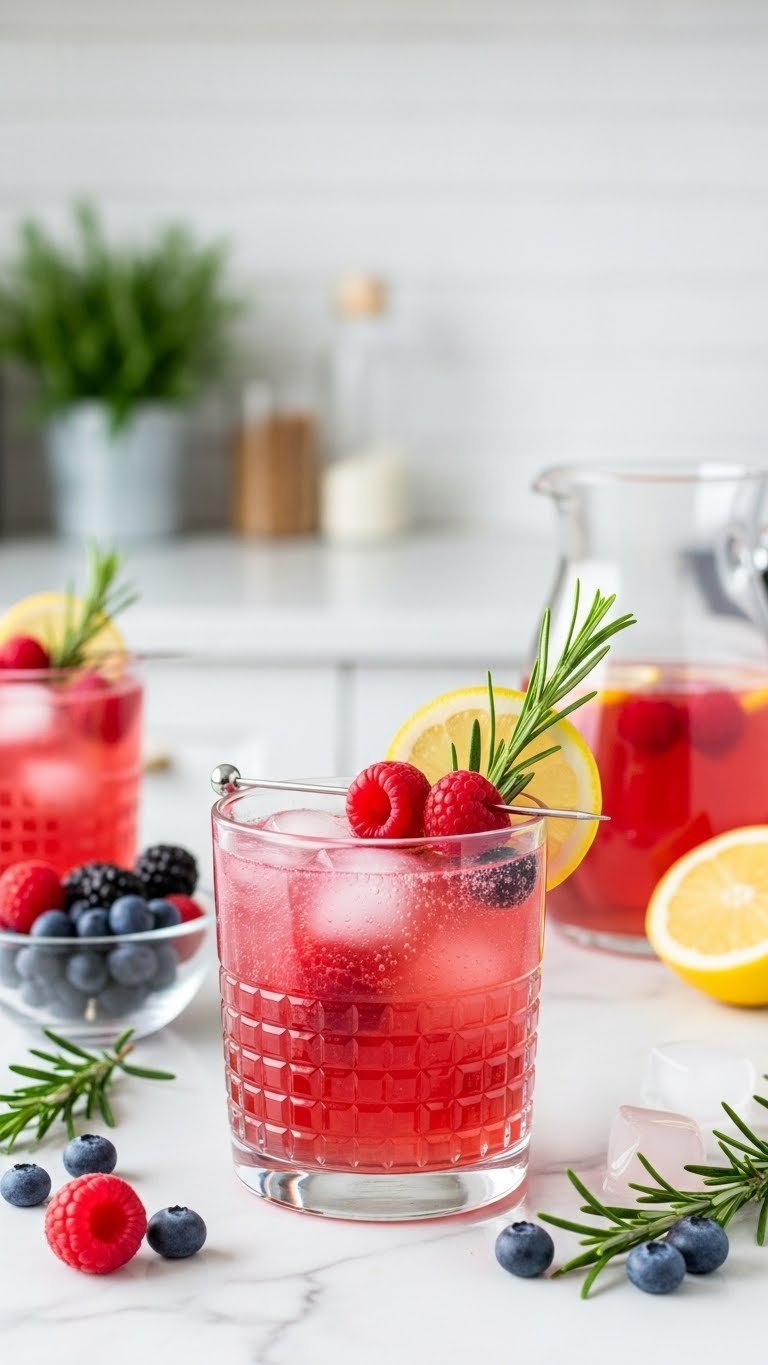 Sparkling pink kombucha mocktail with raspberries, rosemary, and lemon slice in elegant glass on white marble