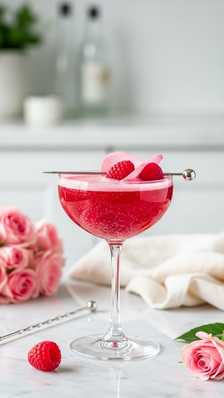 Drink Ideas Mocktails: 7 Elevated Recipes For Adults 1 Sparkling raspberry rose mocktail in coupe glass garnished with fresh raspberries and rose petal on marble countertop.