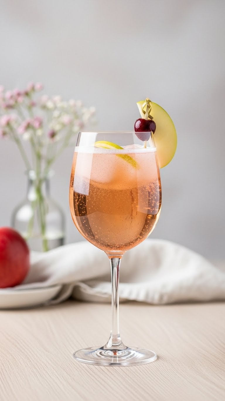 Sparkling unicorn cider with edible glitter bubbles and apple garnish in clear glass