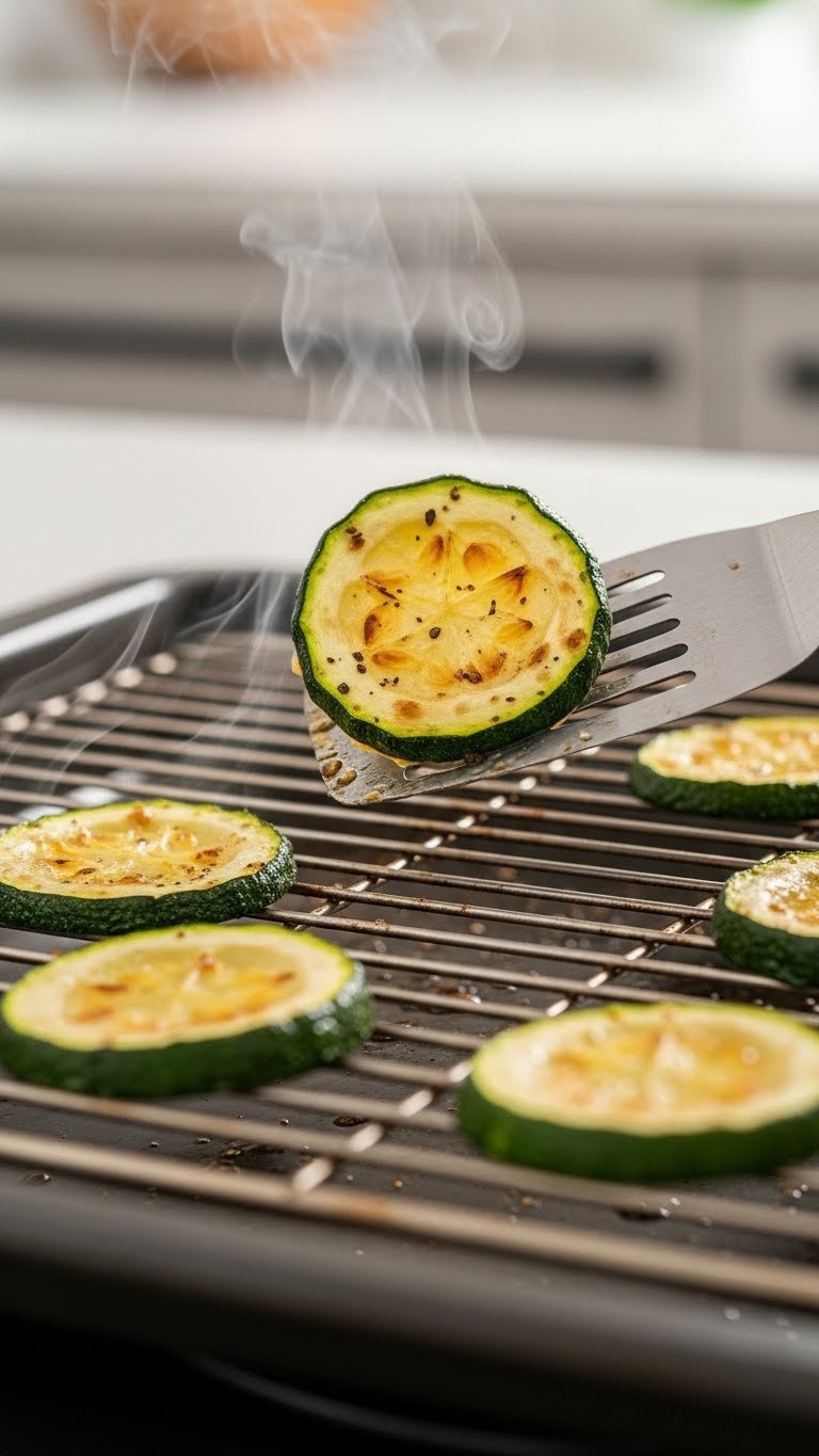 Spatula flipping zucchini slice on wire rack to reveal golden brown underside for even cooking
