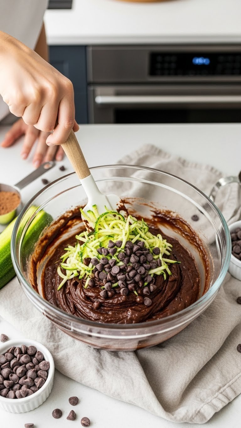 Spatula folding shredded zucchini and chocolate chips into rich chocolate brownie batter in a mixing bowl