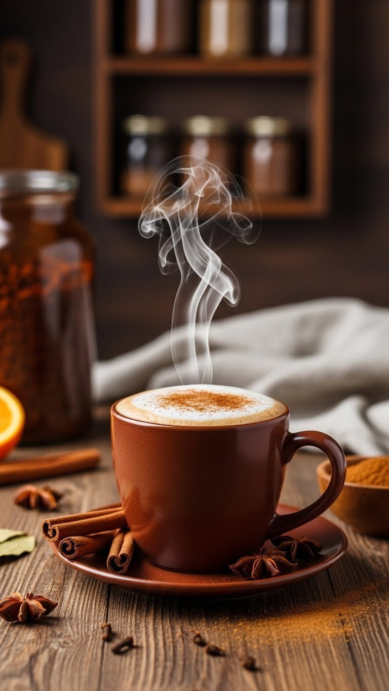 Spiced chai latte in ceramic mug with cinnamon topping on rustic wooden table