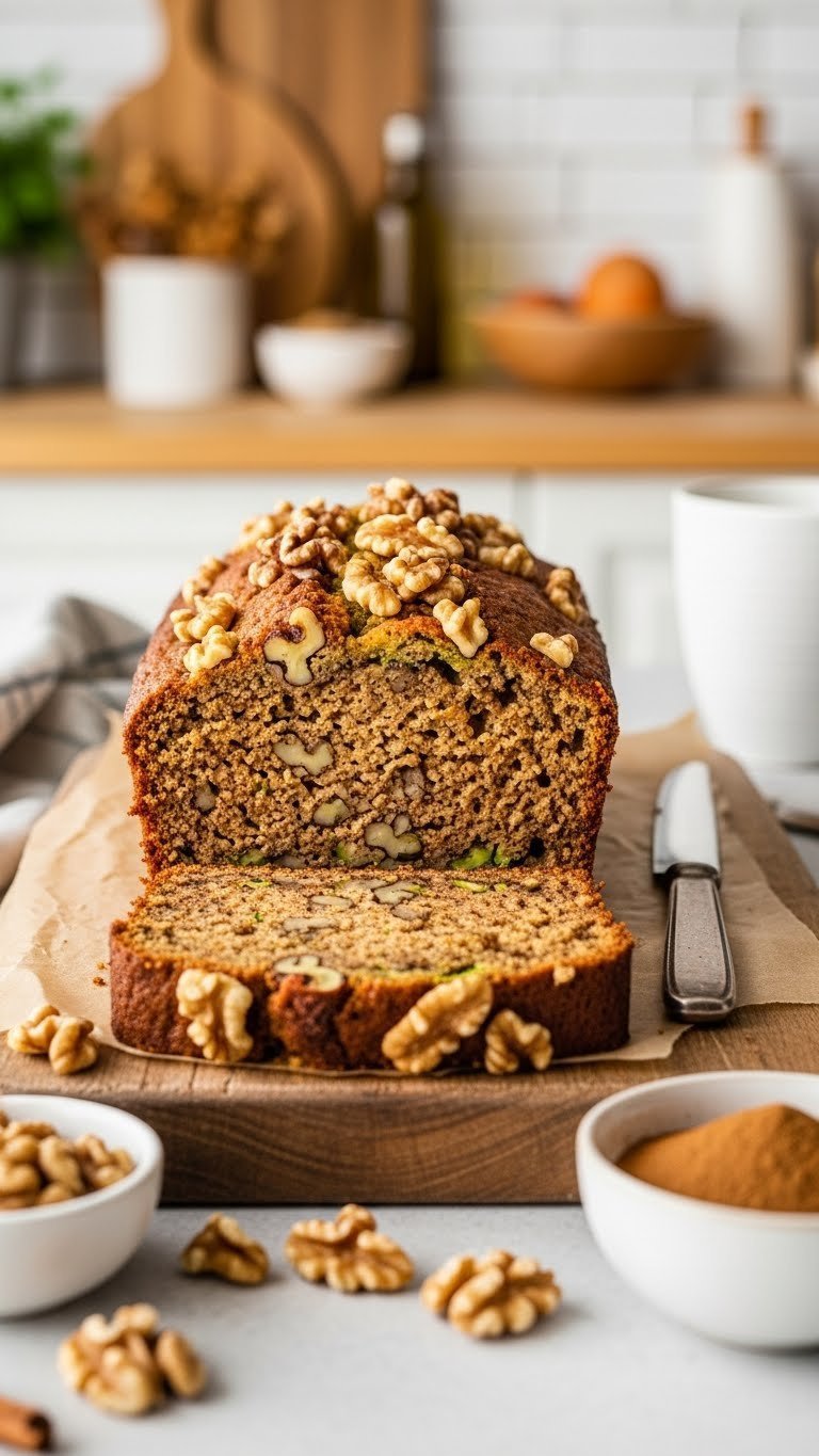 Spiced walnut eggless zucchini loaf slice with chopped walnuts and cinnamon garnish on rustic board