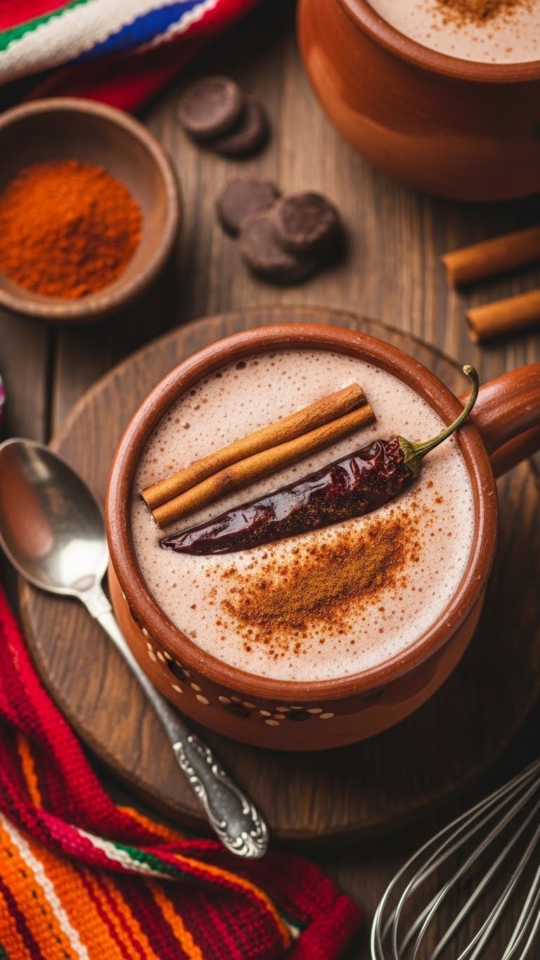 Spicy Mexican hot chocolate with cinnamon dusting and dried chili garnish in rustic terracotta mug