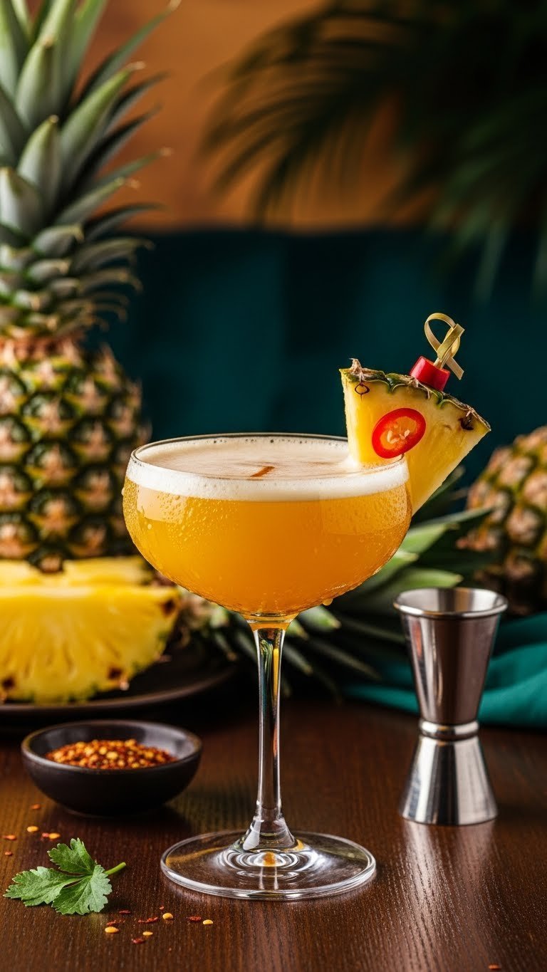 Spicy Pineapple Tequila Cocktail with pineapple wedge and chili slice in coupe glass on dark wood