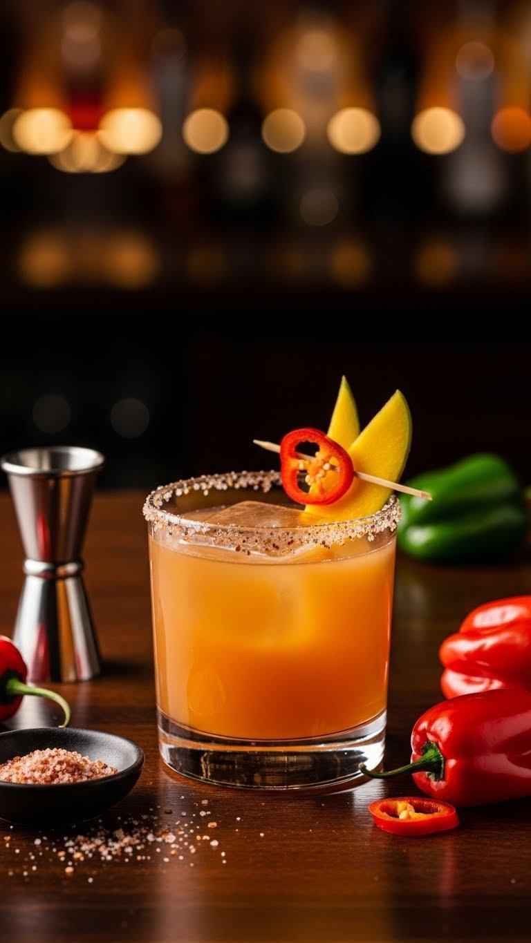 Spicy mango habanero cocktail in rocks glass with chili-salt rim and habanero garnish