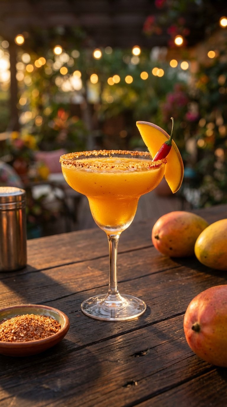 Spicy mango margarita in salt-rimmed glass with chili pepper garnish and vibrant orange hue