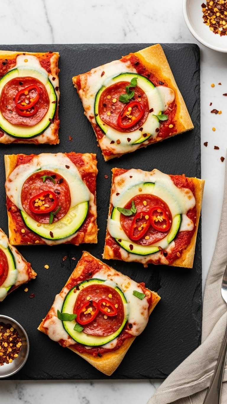 Zucchini Pizza Bake: Easy Crispy Low-Carb Recipe 9 Spicy pepperoni zucchini pizza squares with crispy pepperoni, mozzarella cheese, and red pepper flakes on black slate
