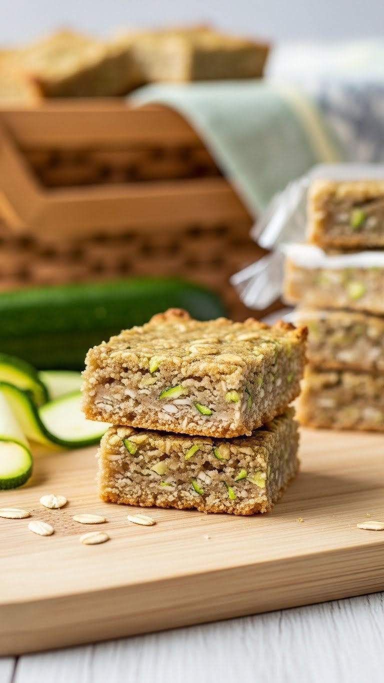 Square of high protein zucchini oat bar showcasing dense chewy texture with visible oats and green flecks on wooden board.