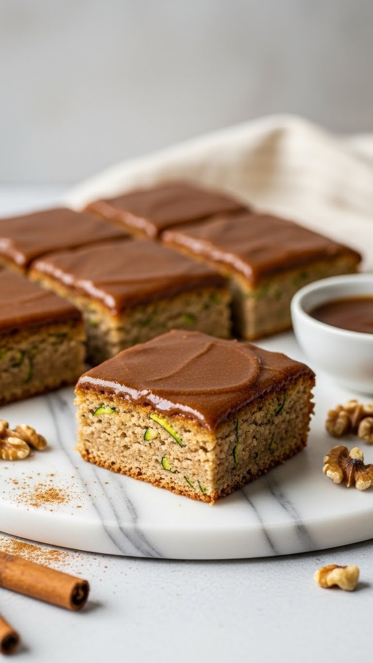 Square spiced zucchini bars with brown sugar glaze on marble platter and cinnamon garnish