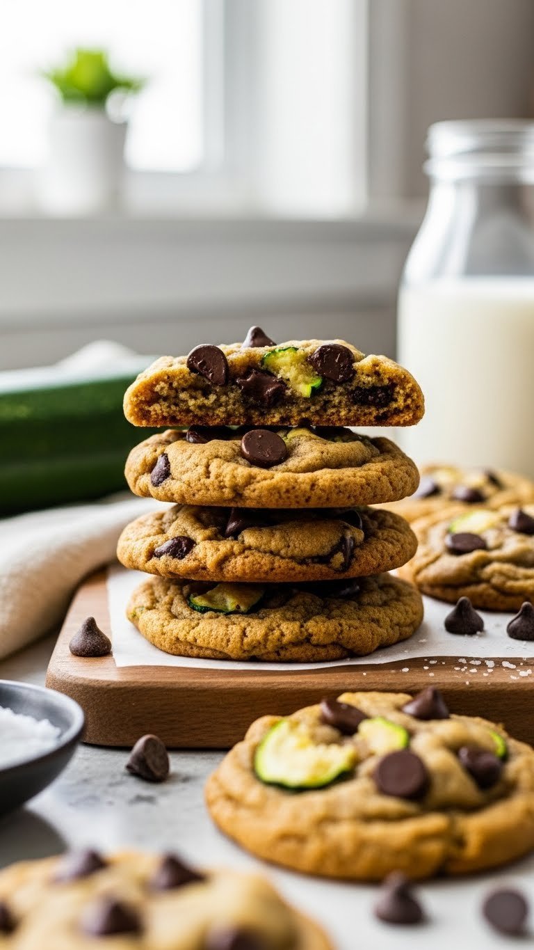 Stack of chewy chocolate chip zucchini cookies with melted chocolate chips on wooden board