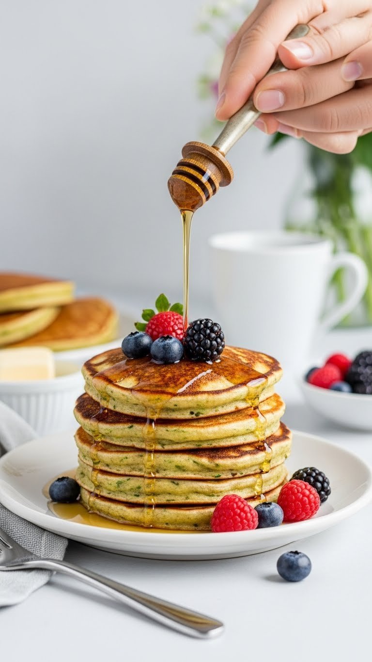 Stack of fluffy keto zucchini pancakes with maple syrup and berries on white plate with melting butter