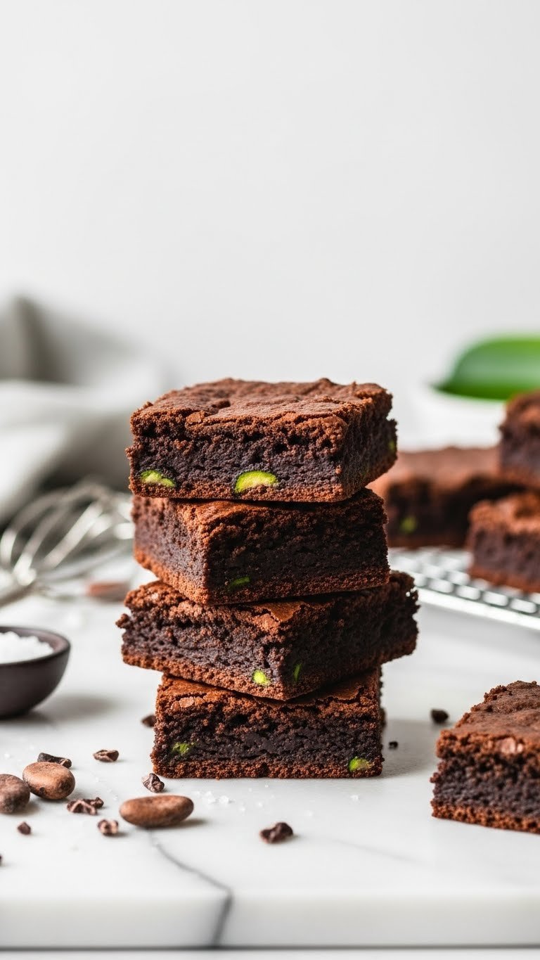 Stack of fudgy keto zucchini brownies with crinkled tops and dark chocolate on marble countertop with cocoa nibs