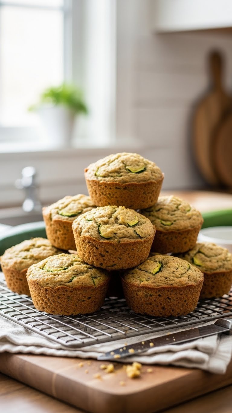 Ultimate Almond Flour Zucchini Bread: Easy, Moist, Gluten-Free 9 Stack of golden-brown almond flour zucchini bread mini loaves on cooling rack with rustic wooden cutting board background.