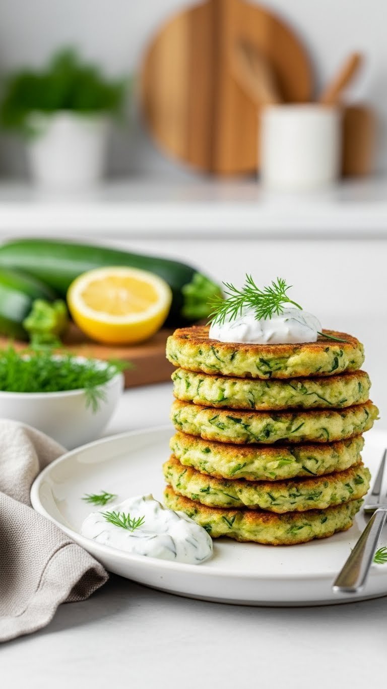 Stack of golden-brown crispy high protein zucchini fritters with Greek yogurt dip and fresh herbs on white plate.