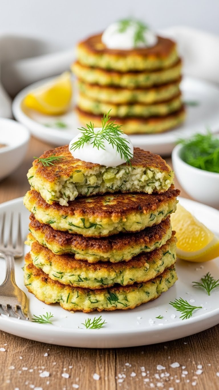 Stack of golden-brown savory flourless zucchini fritters with fresh dill garnish and Greek yogurt dollop on white ceramic plate.