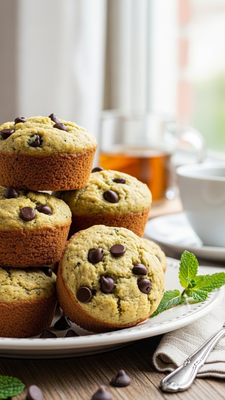 Stack of golden keto chocolate chip zucchini muffins with visible chocolate chips on vintage ceramic plate with mint