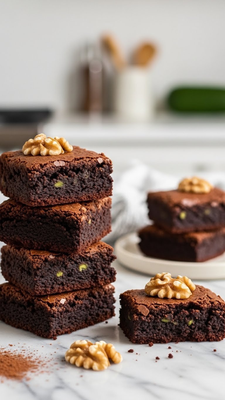 Stack of rich dark flourless zucchini brownies with crackle top and moist interior showing green zucchini flecks on marble countertop.