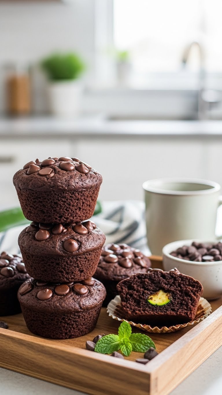 Stack of sugar-free chocolate zucchini muffins with chocolate chips on rustic tray with coffee mug and mint sprig