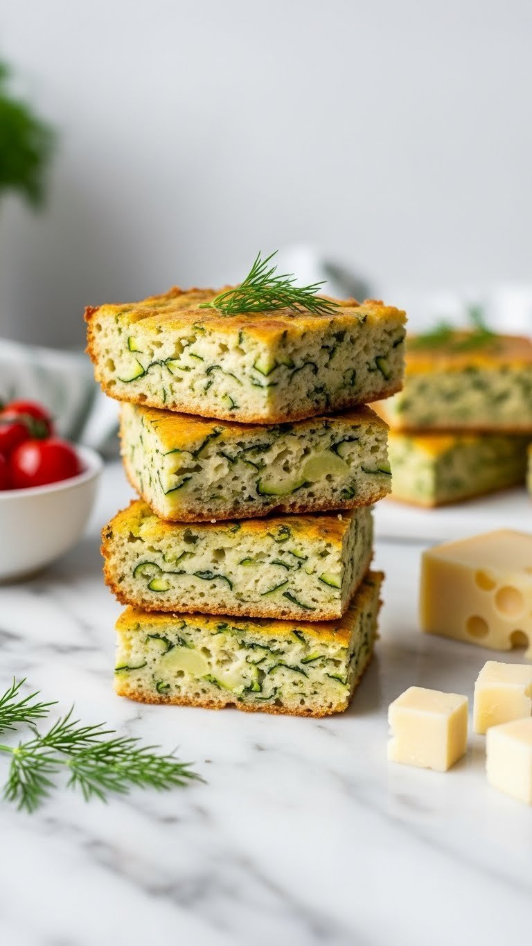Stacked savory high protein zucchini and cottage cheese bars with visible green flecks and herbs on marble countertop.
