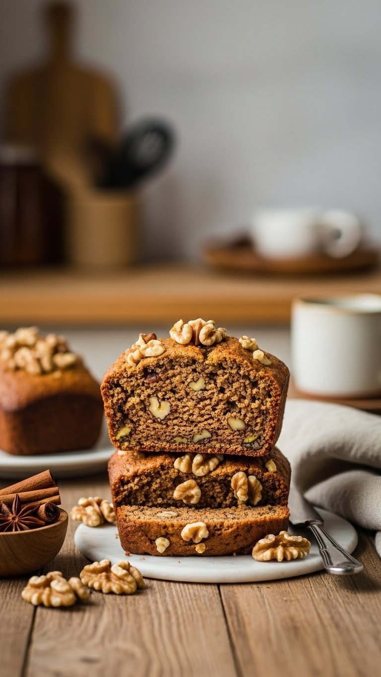 Stacked walnut spice zucchini bread mini loaves with sliced loaf revealing moist crumb studded with chopped walnuts and warm spices.