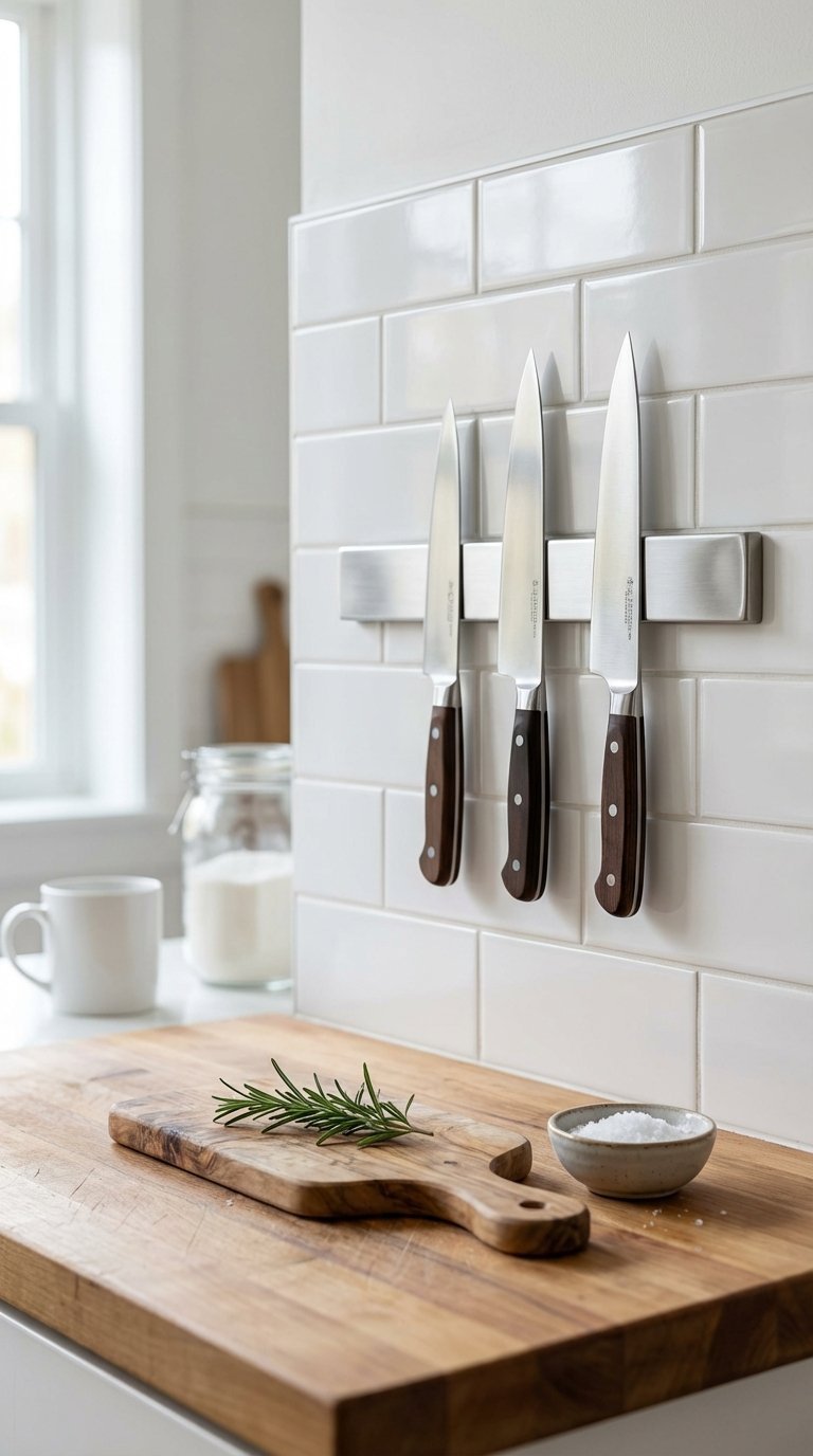 Stainless steel magnetic knife strip holding chef's knives above butcher block counter in minimalist kitchen.