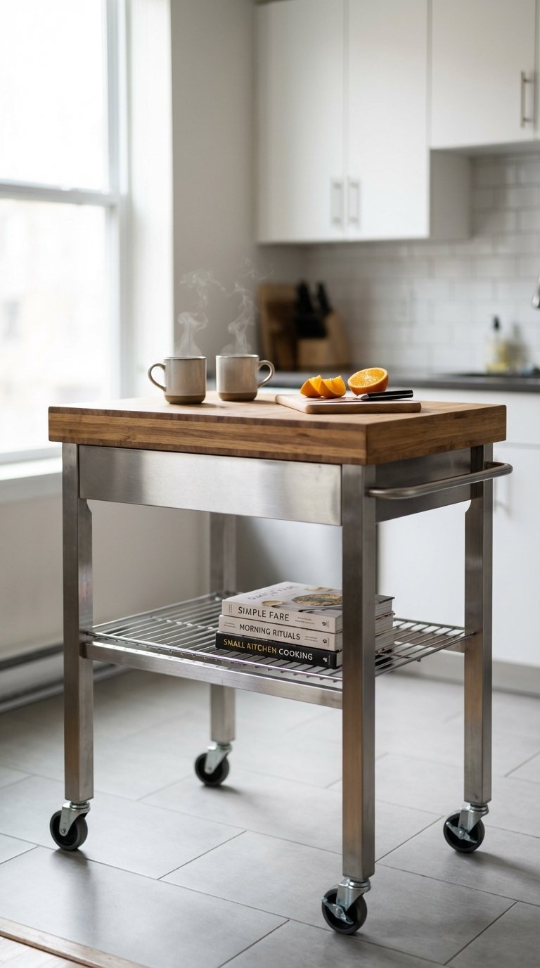 Stainless steel rolling kitchen island cart with wooden top and coffee mugs in compact apartment kitchen space