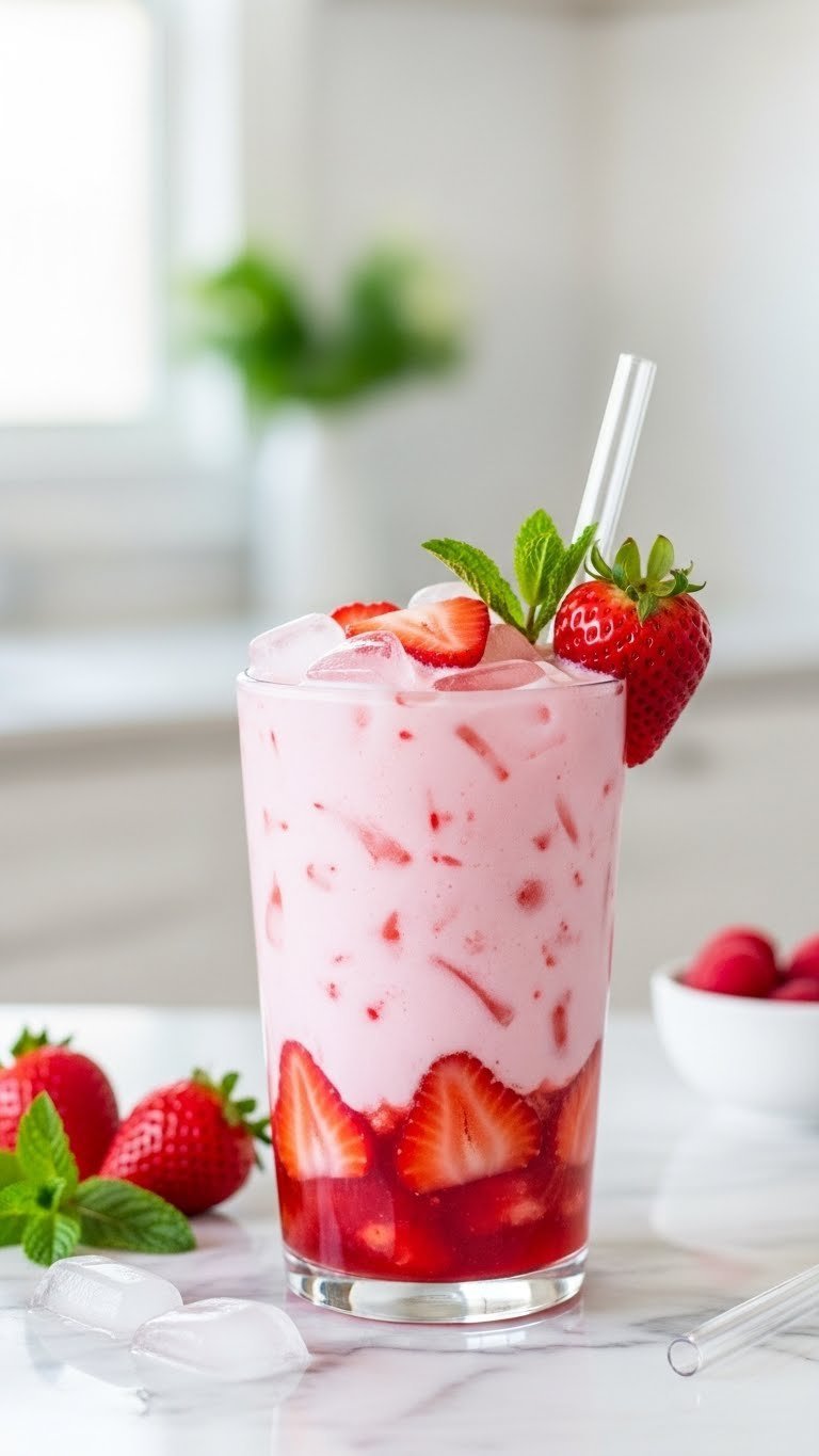 Starbucks Pink Drink with fresh strawberries and ice cubes in clear glass on marble countertop with mint garnish and reusable straw